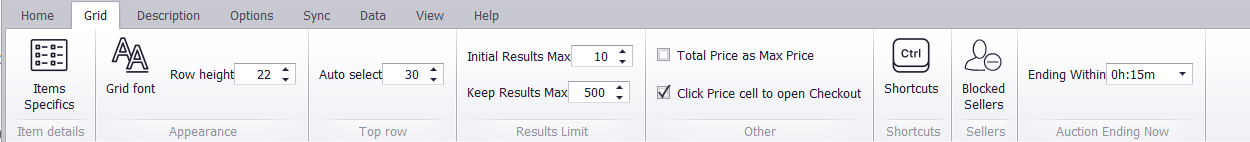 The Grid tab of the ribbon with the Items Specifics button on the left