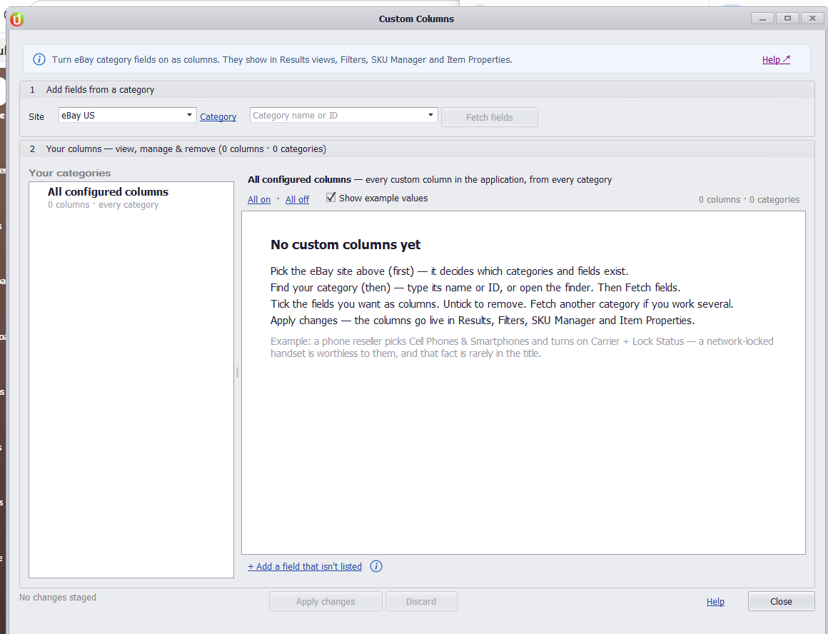 The Custom Columns window before any columns exist, with the site, category and Fetch fields controls at the top