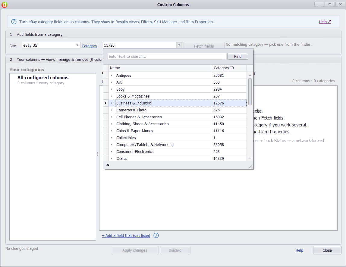 The category finder open under the Category box, showing the eBay category tree with names and IDs