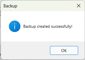 The Backup dialog confirming the backup was created successfully