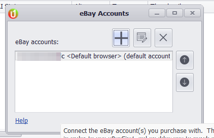 The eBay Accounts dialog with one linked account and the + button