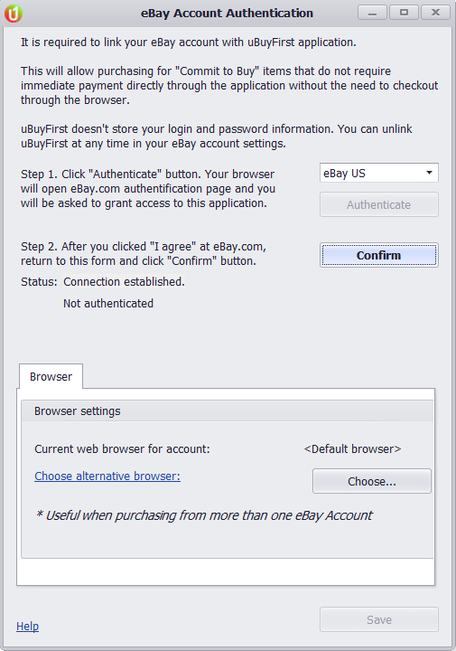 The eBay Account Authentication dialog after Authenticate, waiting for Confirm