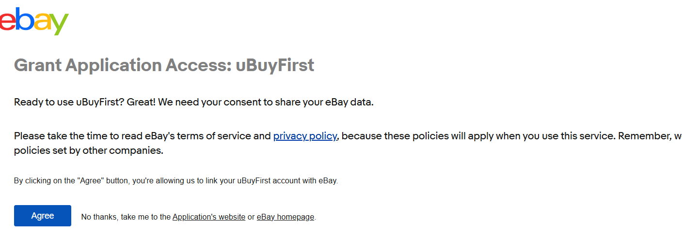 eBay's Grant Application Access page with the Agree button