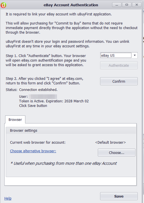 The authentication dialog after Confirm, showing the user name, an active token and its expiry date