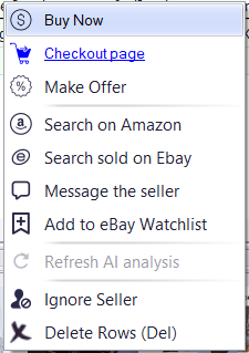 The row right-click menu with Buy Now, Checkout page and Make Offer