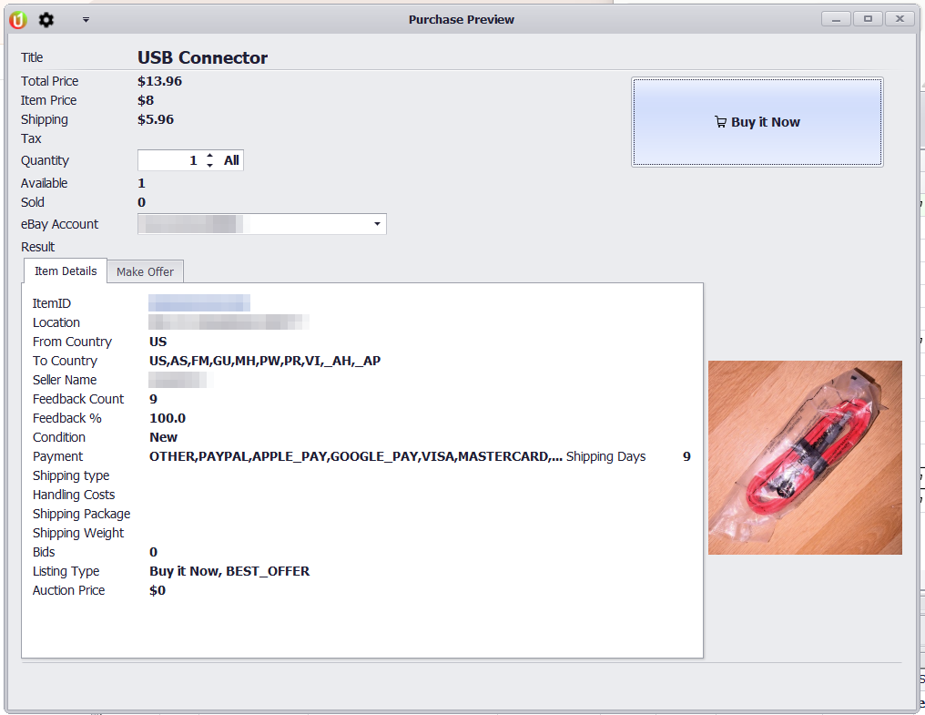 The Purchase Preview dialog with item price, shipping, total, quantity, eBay account and the Buy it Now button