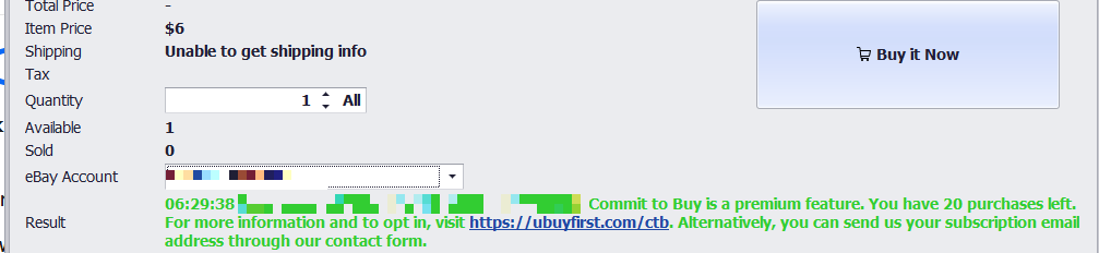 The Result line after a successful purchase, reading Purchased followed by the order reference