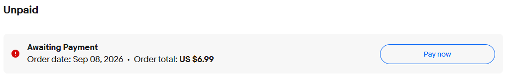 The Unpaid section of eBay Purchases with an Awaiting Payment order and its Pay now button