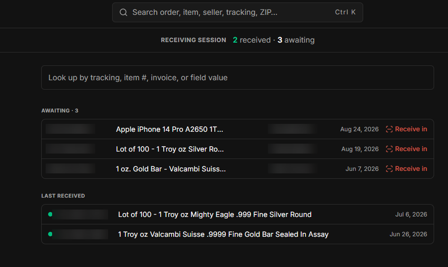 A receiving session at the dock: received and awaiting counts, lookup by tracking, item number, invoice or field value, and the awaiting list with Receive in on each row.