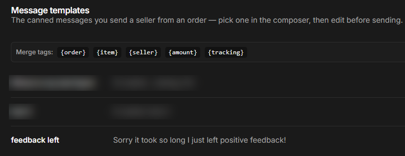 Message templates for the seller, with merge tags for order, item, seller, amount and tracking.