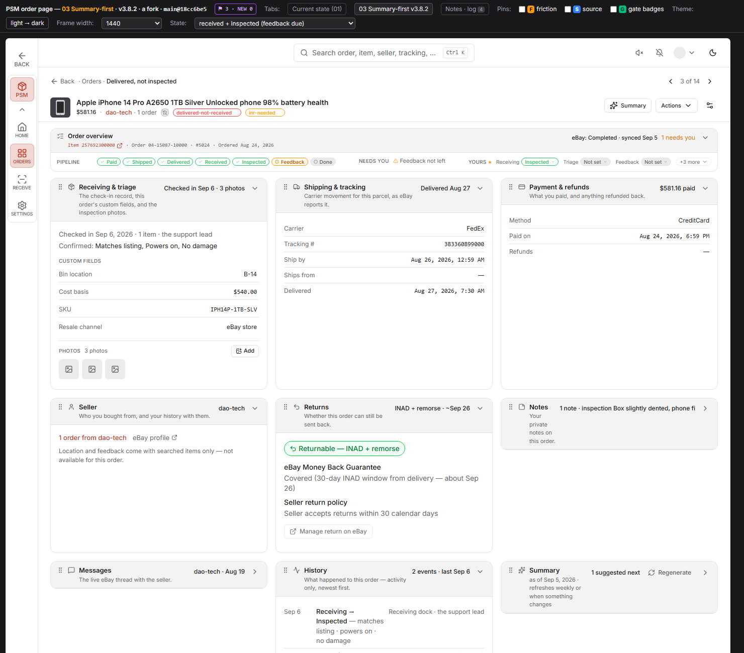 The Post-Sale Management order page: the pipeline from Paid to Done, what needs you, your own statuses, and the receiving, shipping, payment, seller, returns and notes panels for one order.