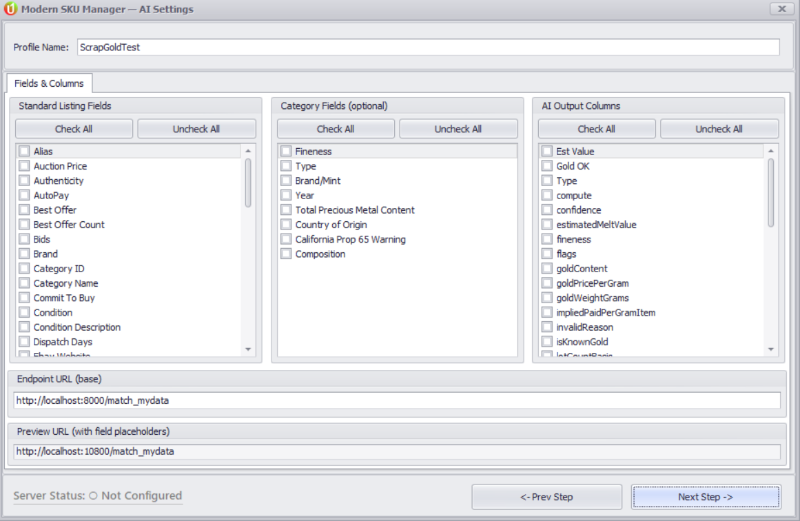 SKU Manager Fields and Columns step in uBuyFirst Desktop: checklists of standard listing fields, category fields and the AI output columns detected from the prompt