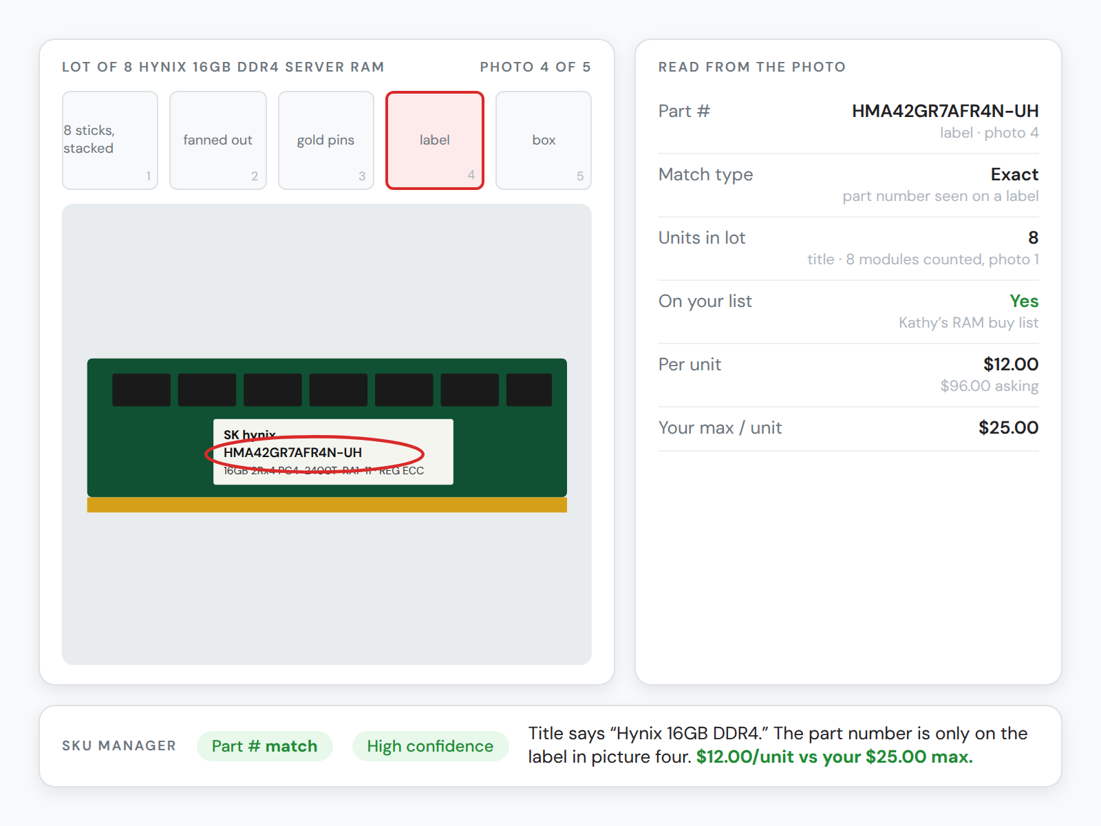 Picture four of a RAM lot with the part number on the label circled, and the fields SKU Manager read from it: part number, units, list match, per-unit price vs max