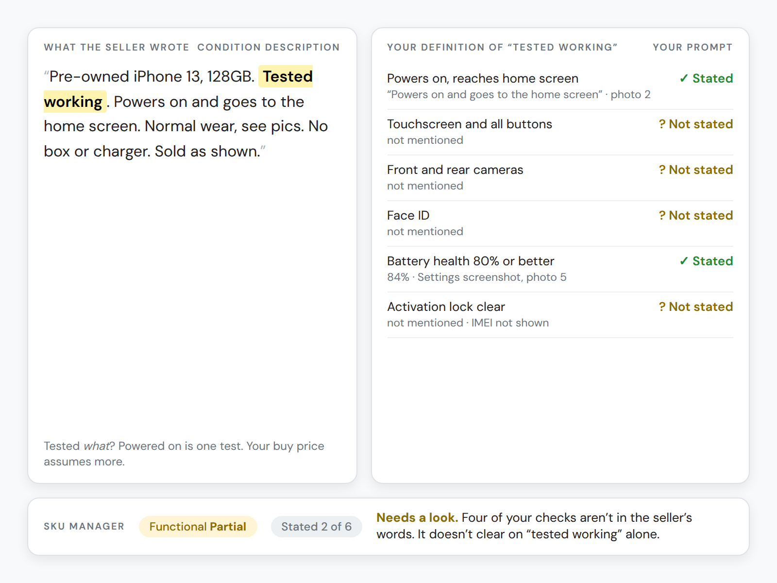 A seller's 'tested working' condition text beside the buyer's six-point definition of tested working; only two checks are stated, so it needs a look
