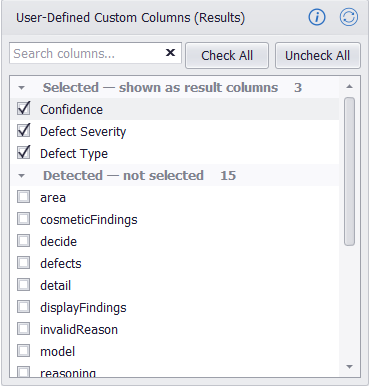 The AI output columns panel, showing Selected and Detected groups