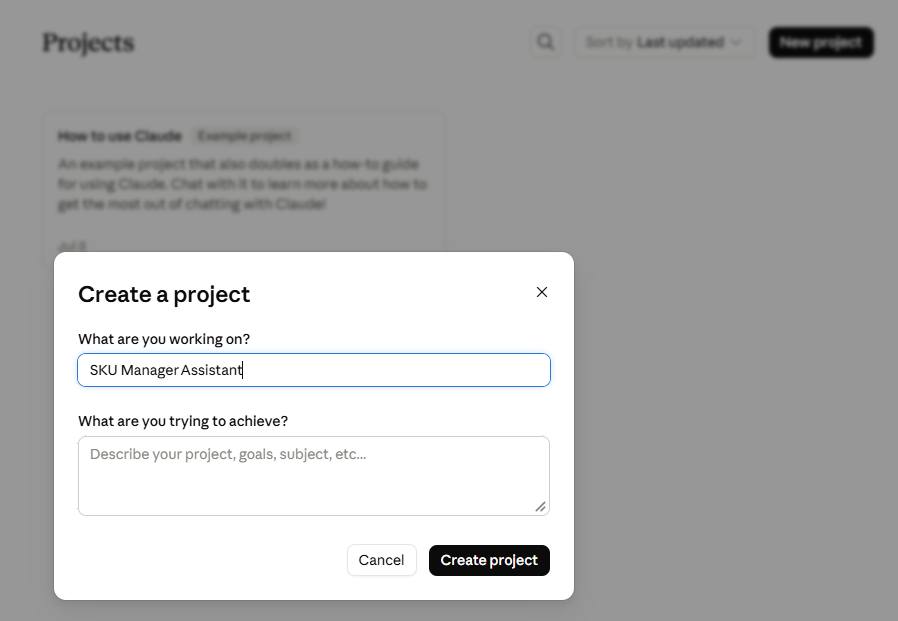 Create a project and name it SKU Manager Assistant