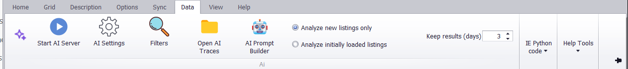 The Data tab with the IE group collapsed into the IE Python code dropdown