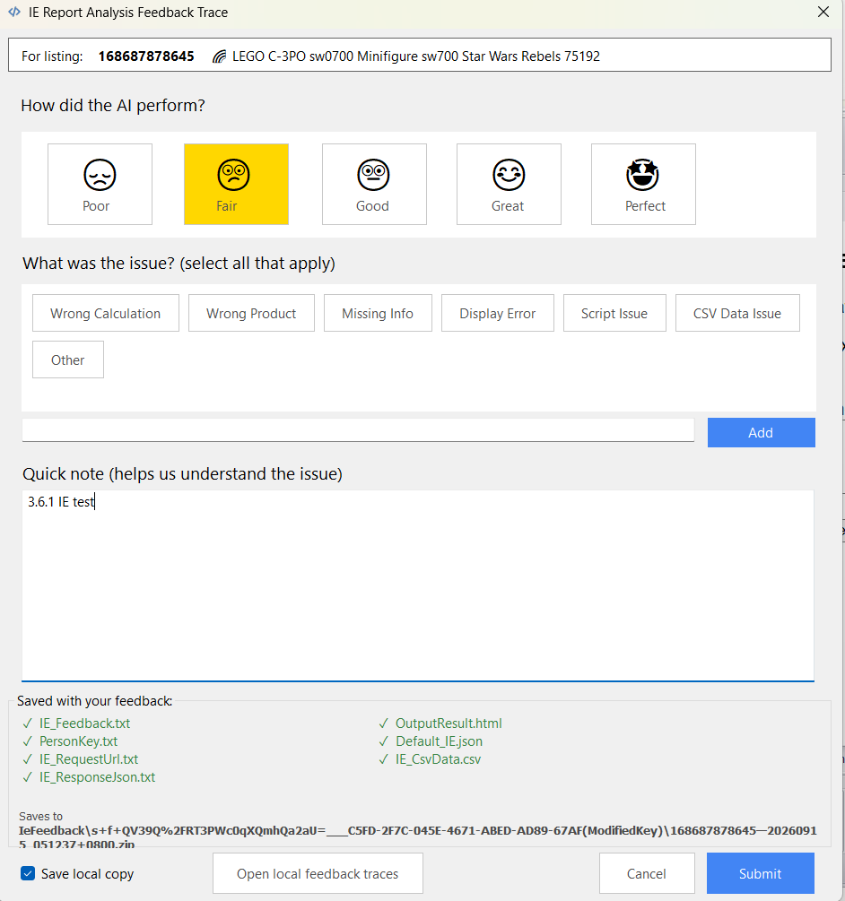 The IE Feedback Trace dialog