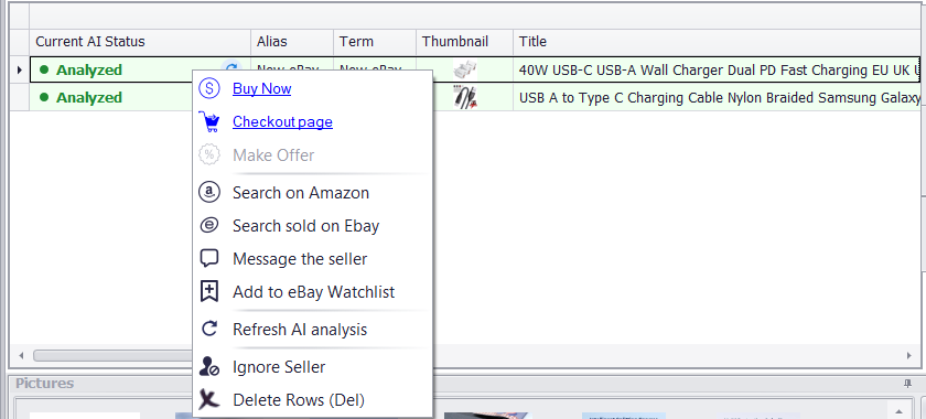 The row right-click menu with Refresh AI analysis