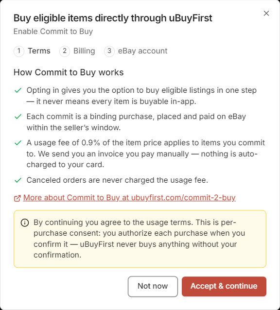 uBuyAssist enrollment dialog, Terms step: how Commit to Buy works and the 0.9% usage fee