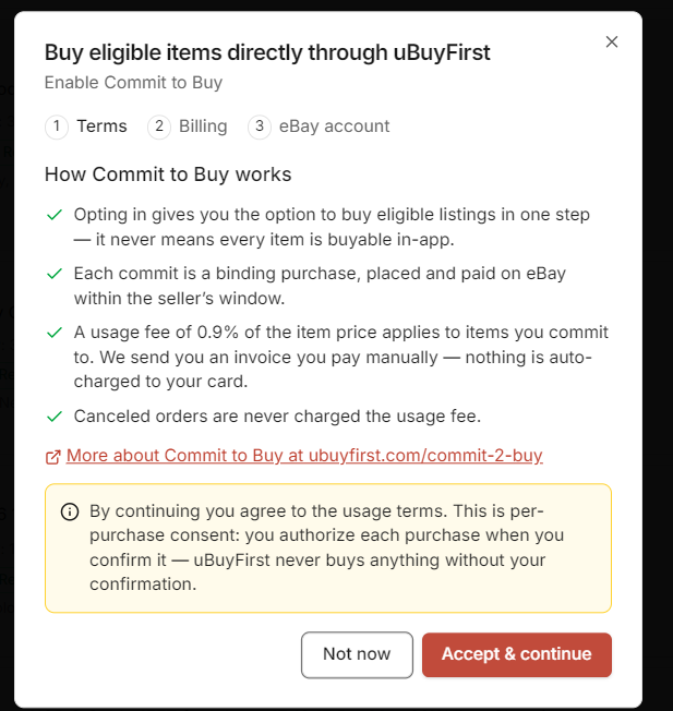 Step 1 of the enable dialog, the Commit to Buy terms with Accept and continue