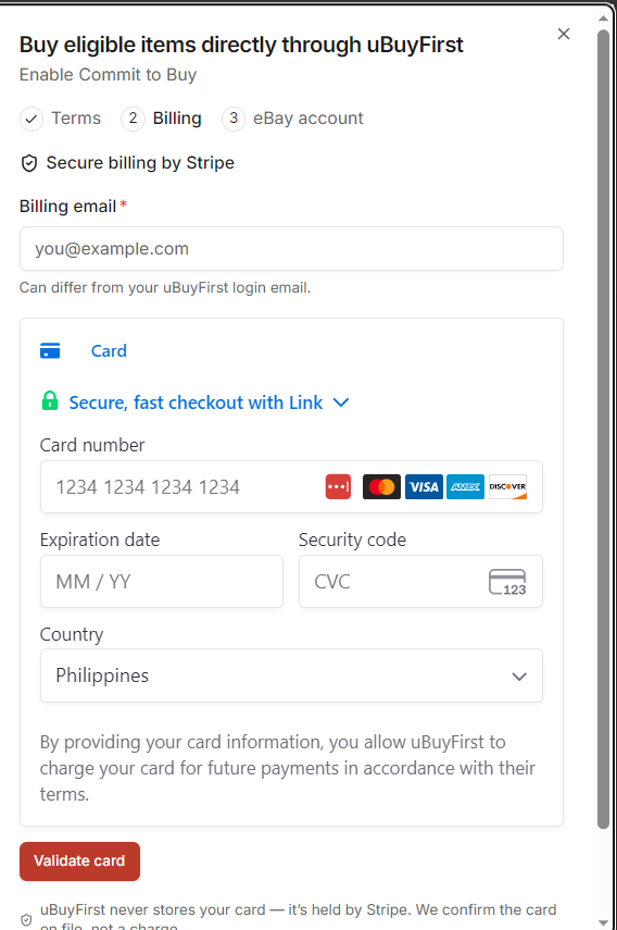 Step 2 of the enable dialog, billing email and card fields with the Validate card button