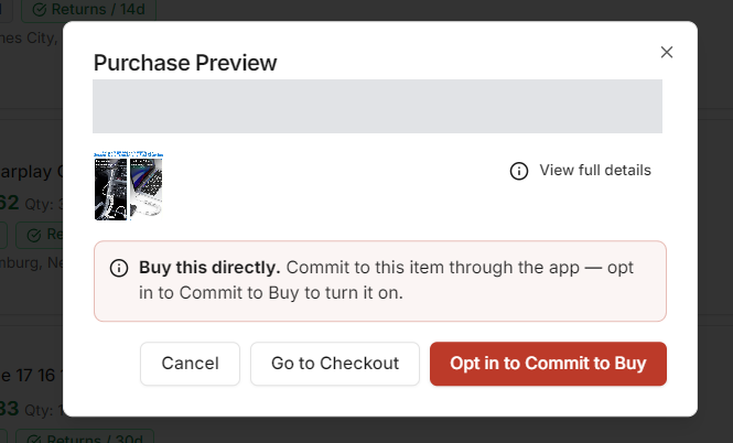 A Purchase Preview on a listing before opting in, with the Opt in to Commit to Buy button