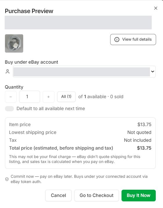 The Purchase Preview with eBay account, quantity, item price, shipping and the Buy It Now button