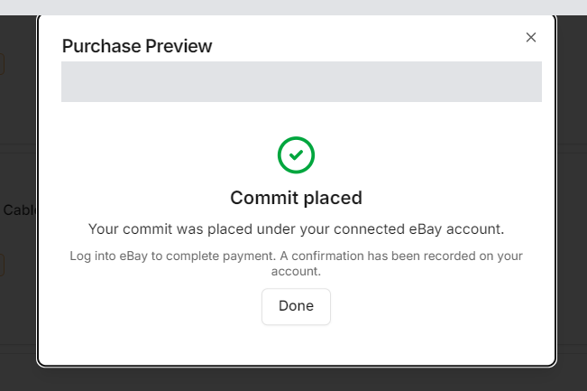 The Commit placed confirmation telling you to log into eBay to complete payment