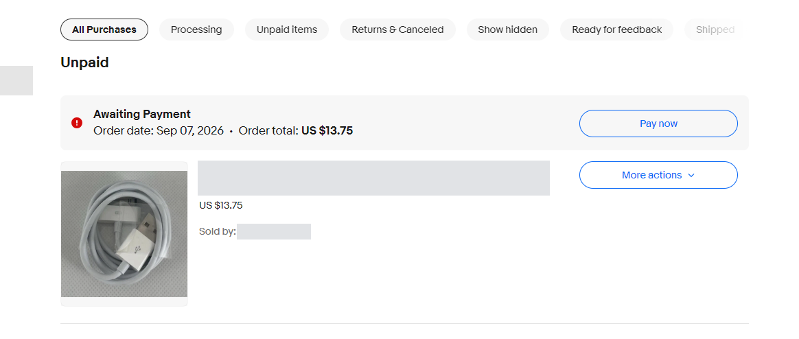 The Unpaid section of eBay Purchases with an Awaiting Payment order and its Pay now button