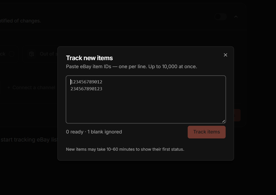 The Track new items dialog: paste eBay item IDs one per line, up to 10,000 at once