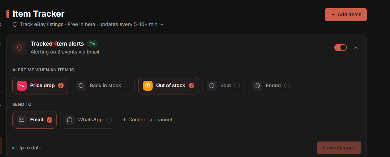 The tracked-item alerts panel with Price drop and Out of stock selected, sending to email