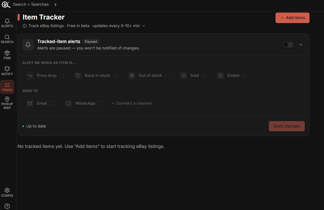 Item Tracker before any items are added, with the alerts panel collapsed and paused