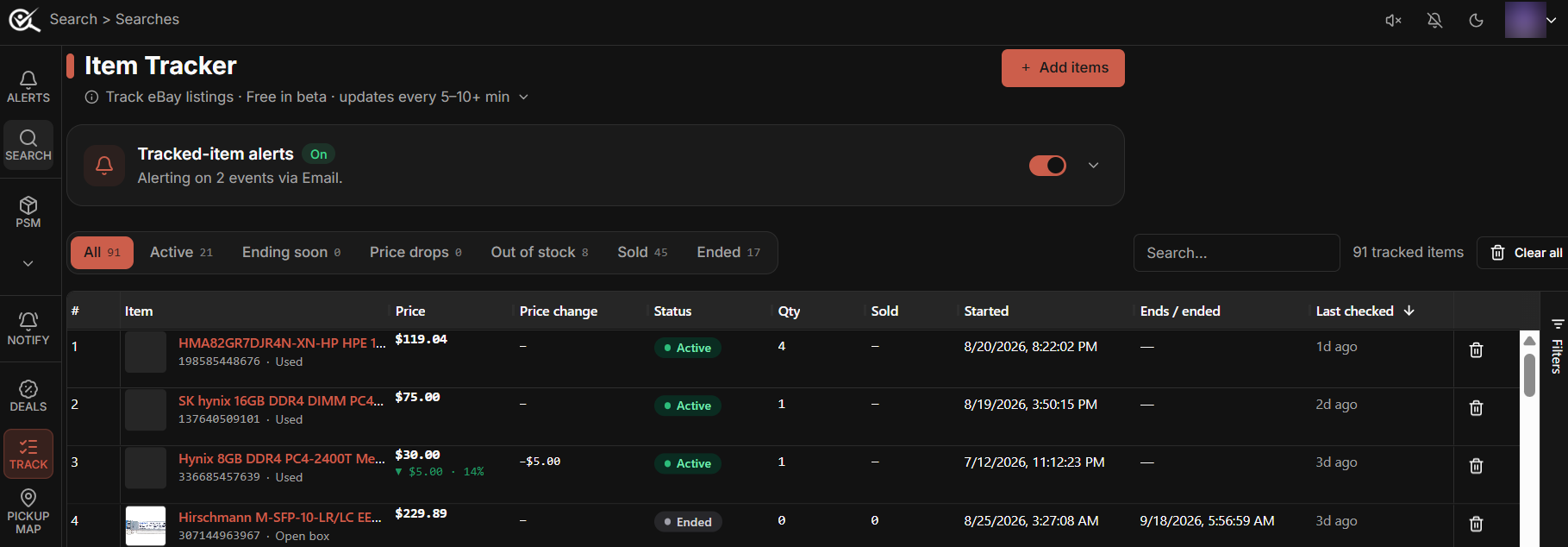 The tracked-items grid with status tabs and live counts, price change and last-checked columns