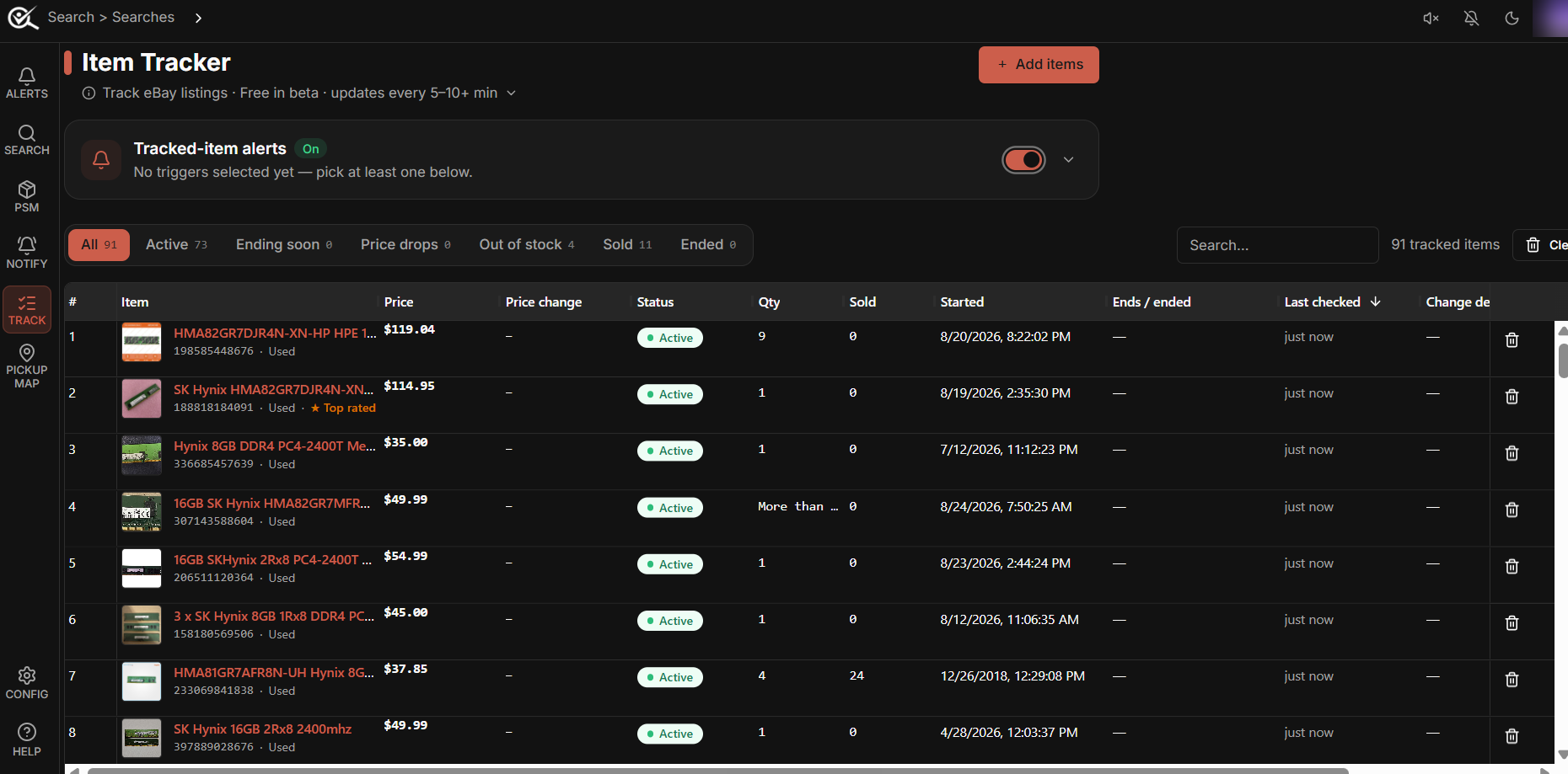 The tracked-items grid with its status tabs: All, Active, Ending soon, Price drops, Out of stock, Sold, Ended