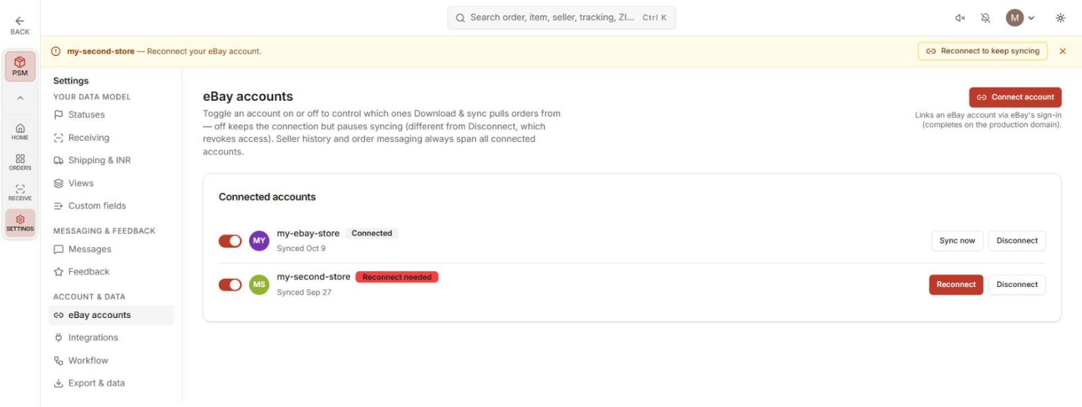 Settings, eBay accounts, with a connected account