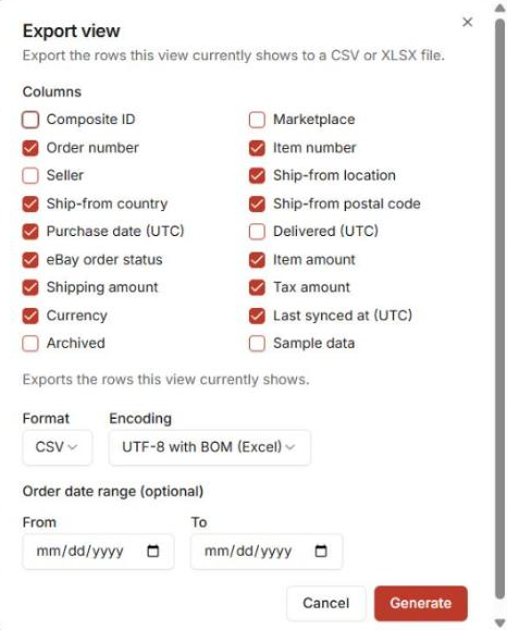 The Export view modal, columns, format, date range