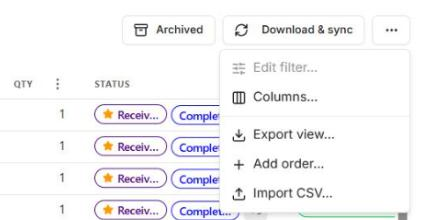 The grid menu open, showing Edit filter, Columns, Export view, Add order, Import CSV