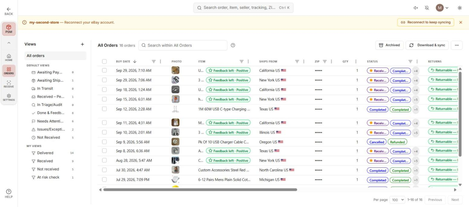 The Orders page, PSM menu on the rail, filter views down the left, the grid on the right