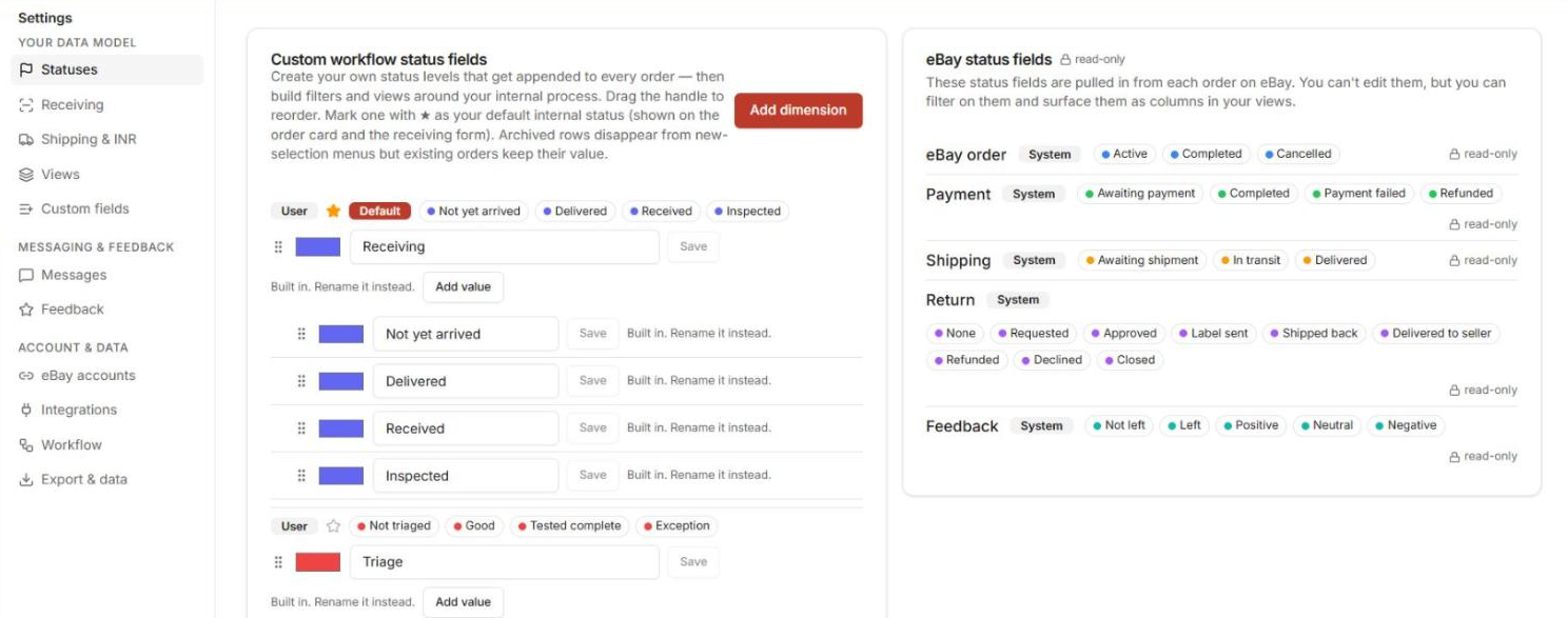 Statuses in Settings, custom dimensions plus eBay status fields
