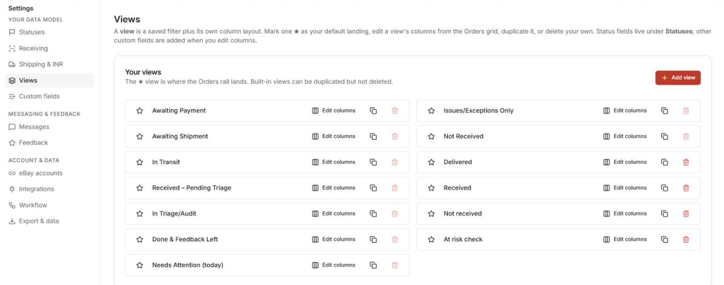 The Views grid in Settings