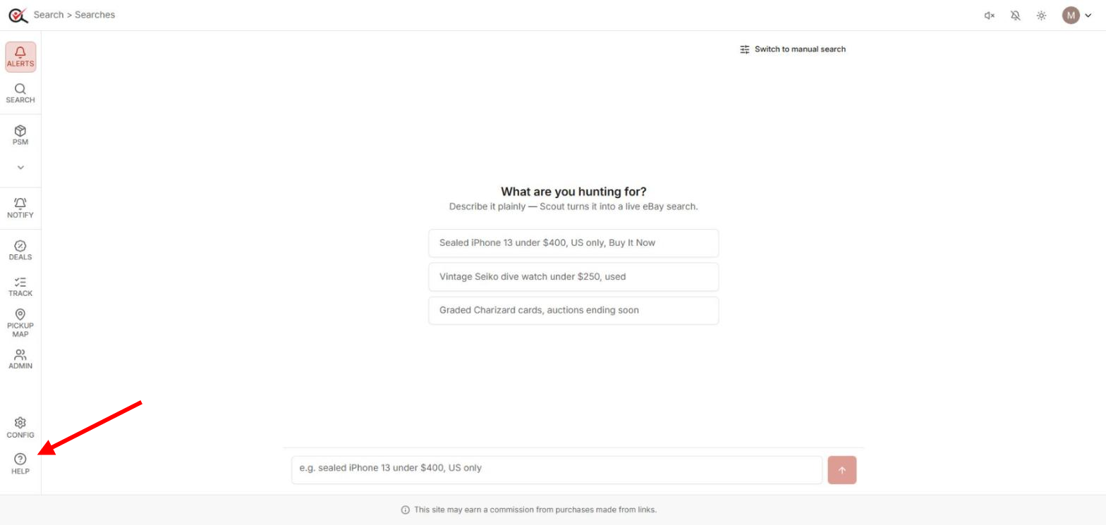 The Ask Scout page before the first question, with an arrow at the Help menu
