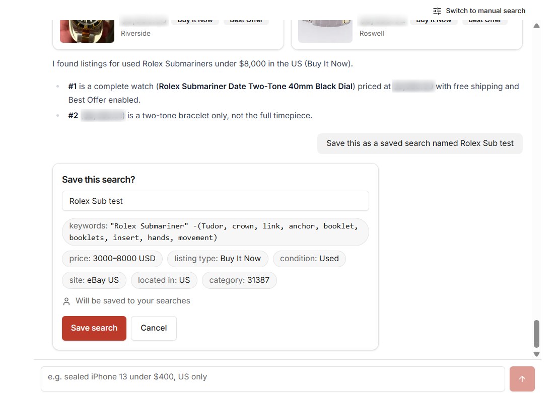 The Save this search card with the name, keywords and chips