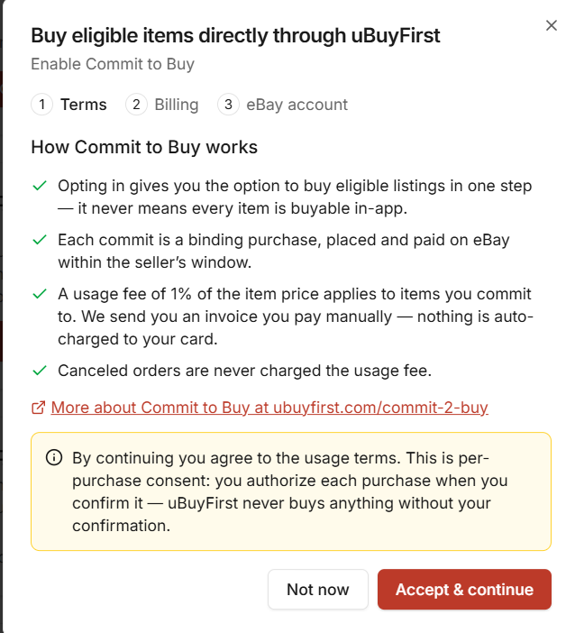 uBuyAssist enrollment dialog, Terms step: how Commit to Buy works and the 1% usage fee
